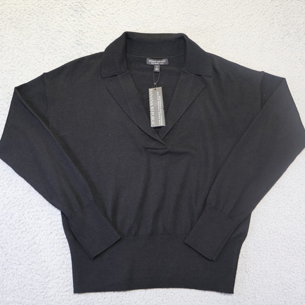 Banana Republic Merino Wool Polo Sweater Black Johnny Collar Small NWT Flaw